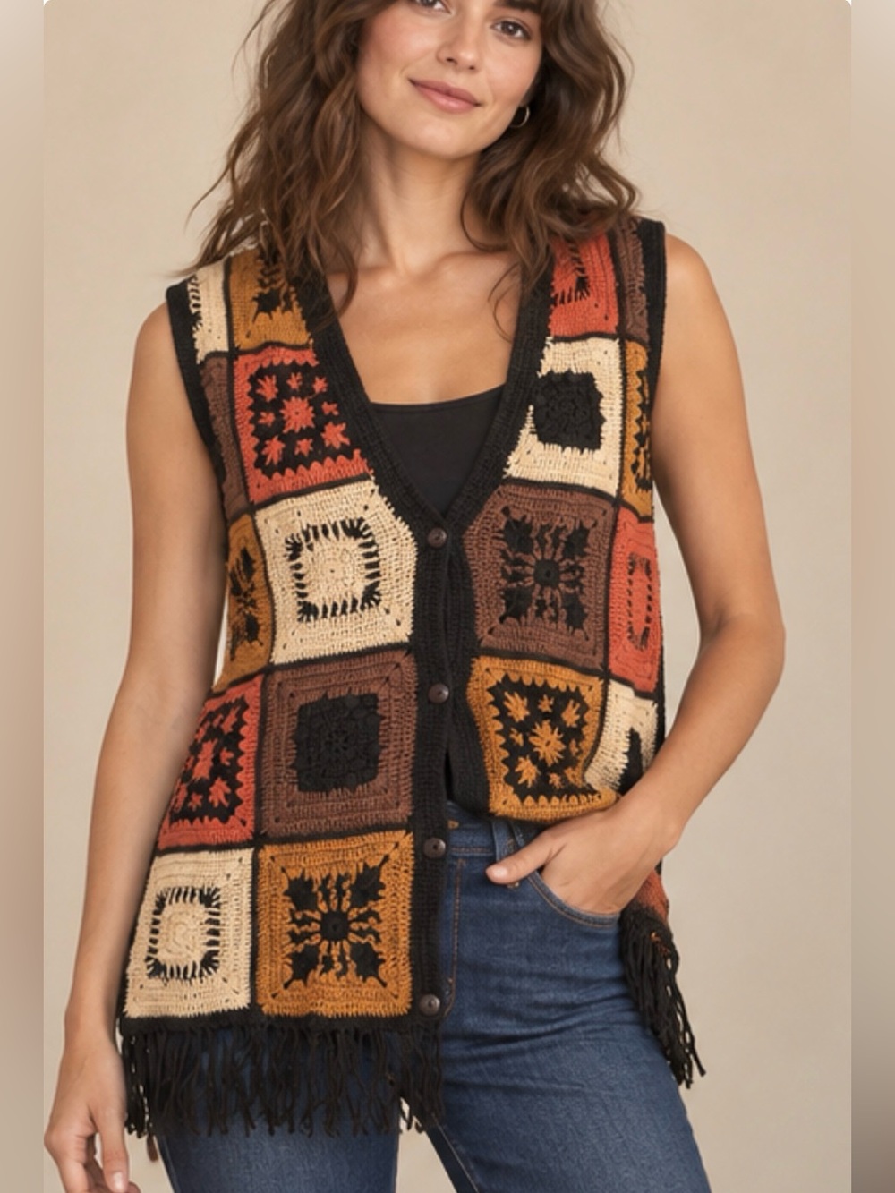 Vintage Crochet Patchwork Vest Boho Bohemian M
